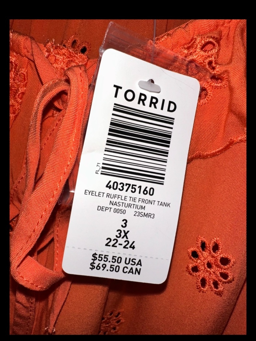 Torrid Eyelet Ruffle Tie Front Tank Top Orange Nasturtium Plus Size 3X 22-24 NEW - Picture 7 of 7